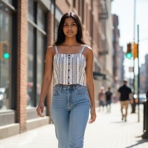 Review Black and White Striped Crop Top Boho Feminine Flirty Casual Summer Sz S